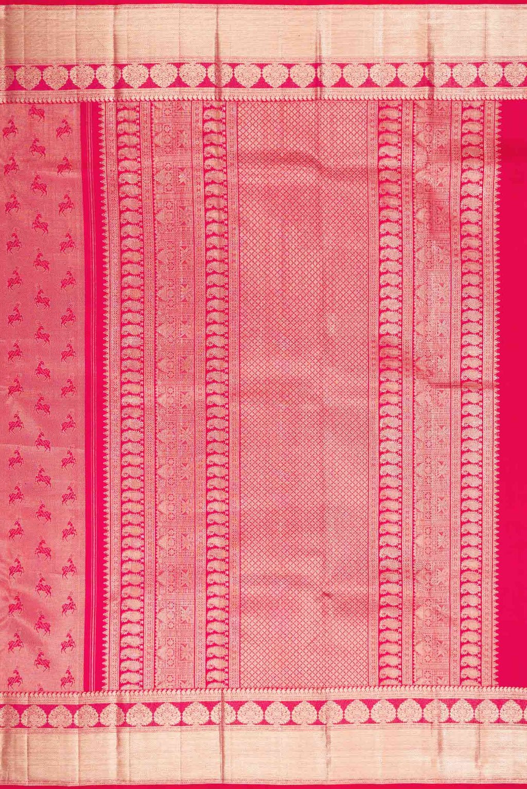 Close up image of the pallu of Dark Pink Dual Tone Kanchipuram Silk Saree with Zari Brocade on the body and Zari Border