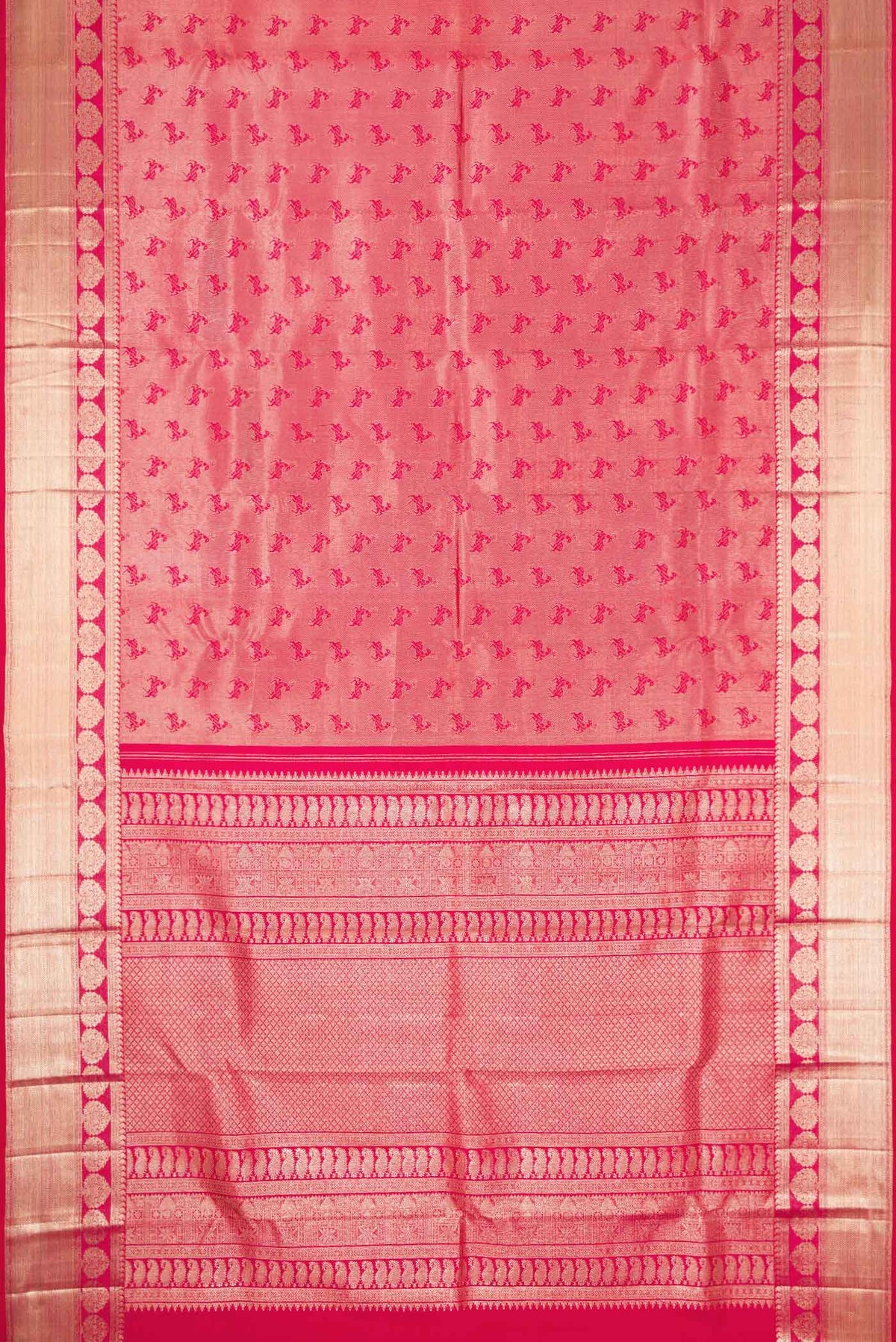 Flat view of Dark Pink Dual Tone Kanchipuram Silk Saree with Zari Brocade on the body and Zari Border