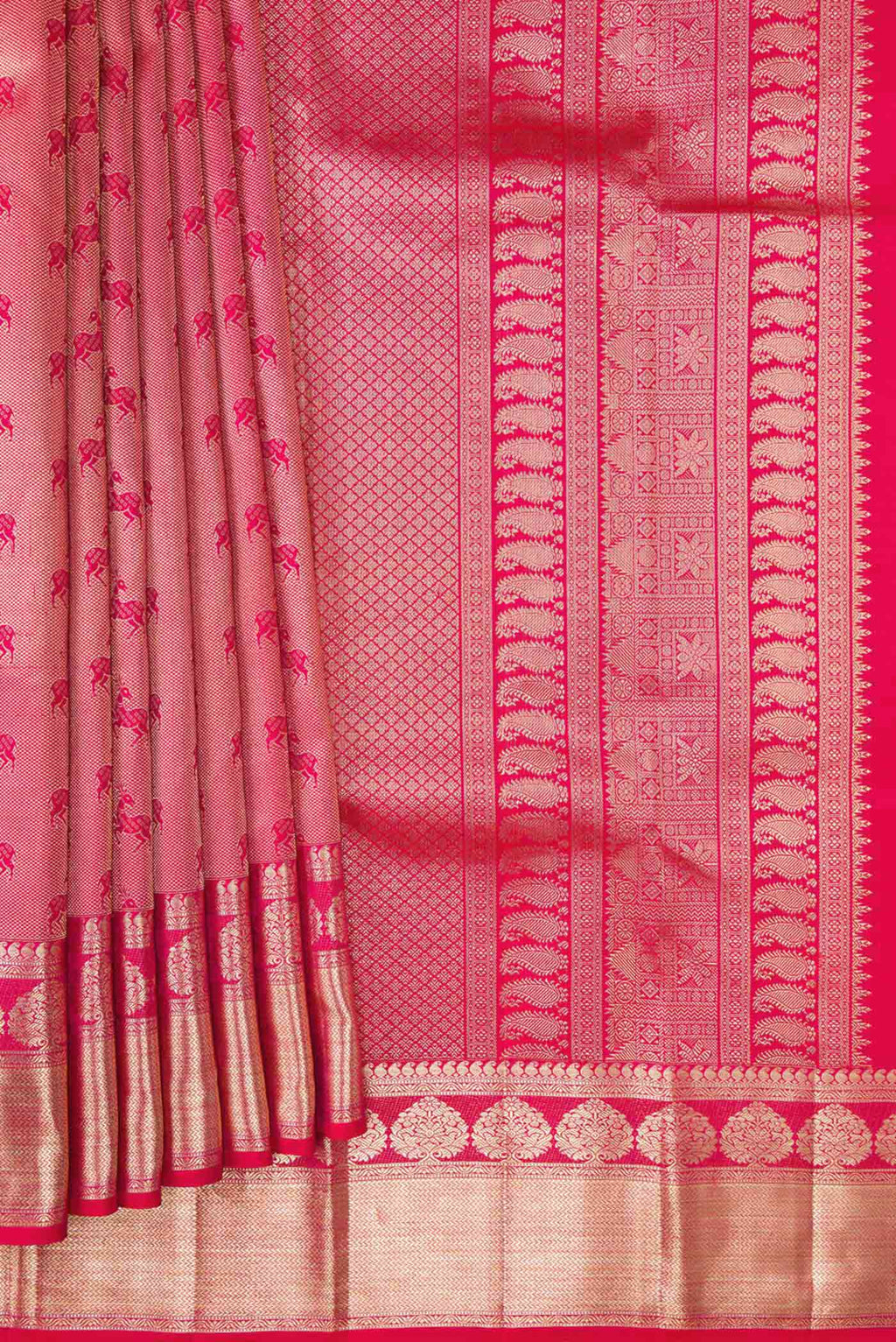 Pleats and pallu of Dark Pink Dual Tone Kanchipuram Silk Saree with Zari Brocade on the body and Zari Border