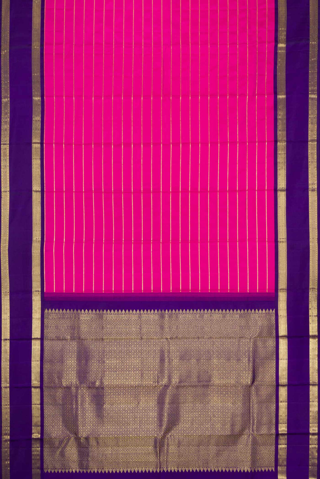 Flat view of Pink Dual Tone Kanchipuram Silk Saree with Veldhari on the body and Zari Border