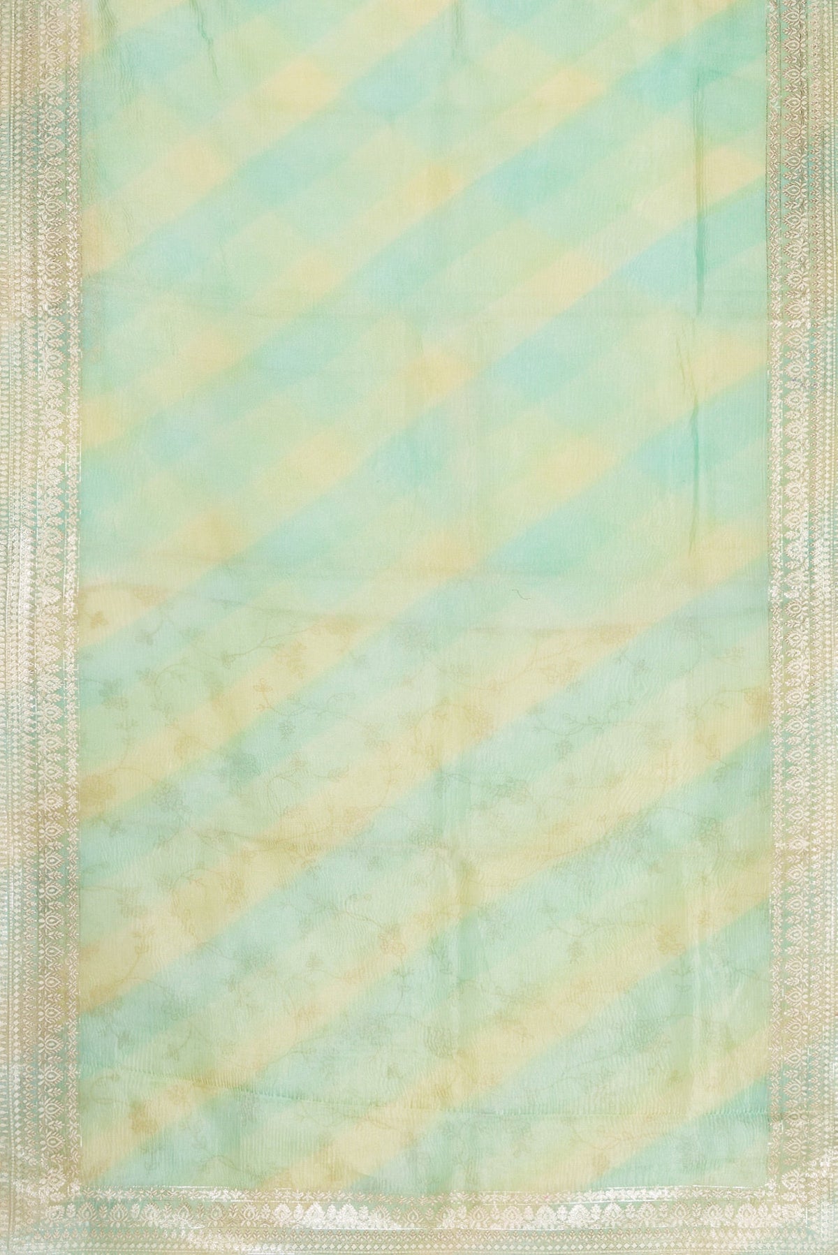 Flat view of Pista Green Dual Tone Organza Silk Saree with Stripes on the body and Embroidery Border. 