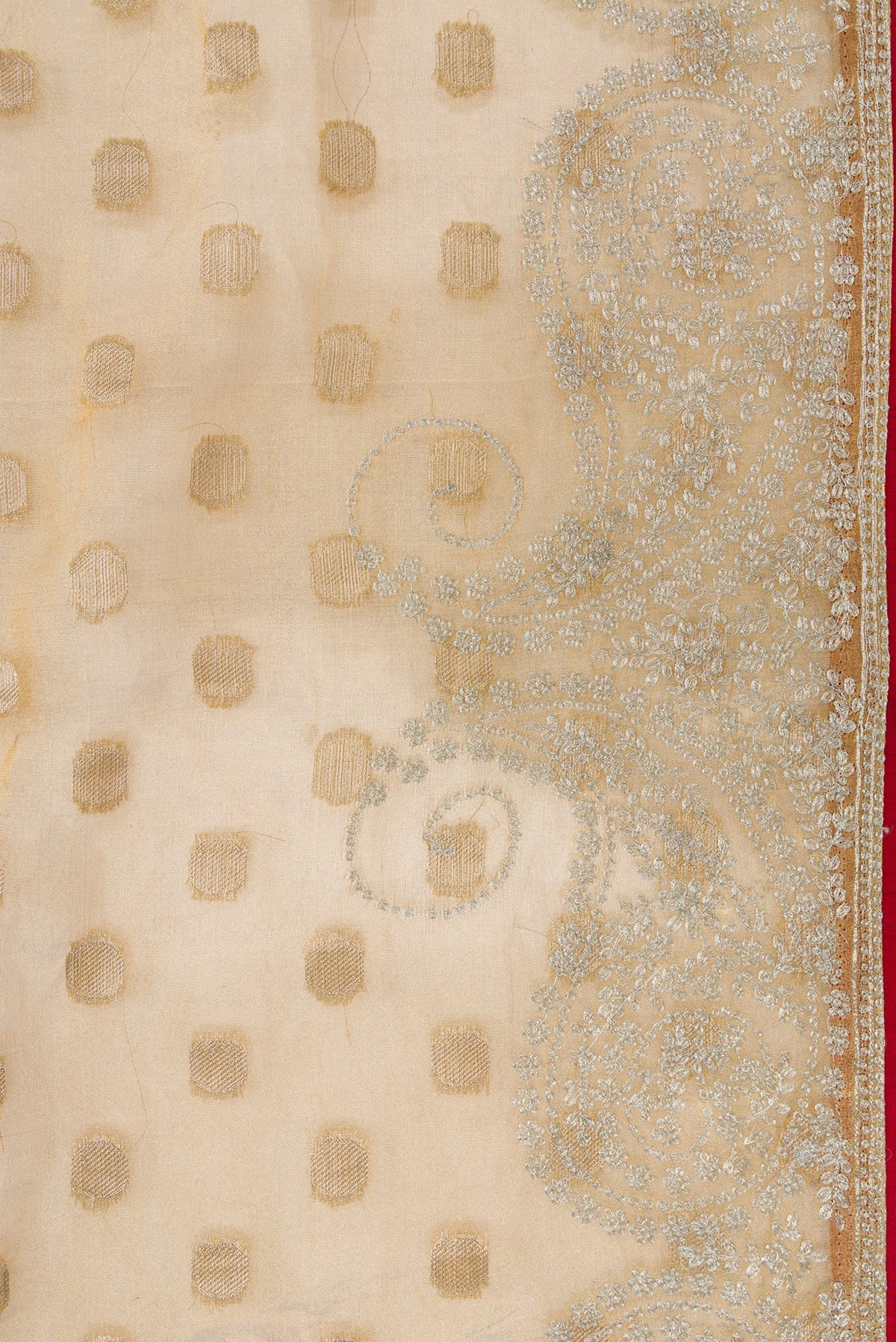Border image of Gold Dual Tone Organza Silk Saree with Zari Butta on the body and Embroidery Border. 