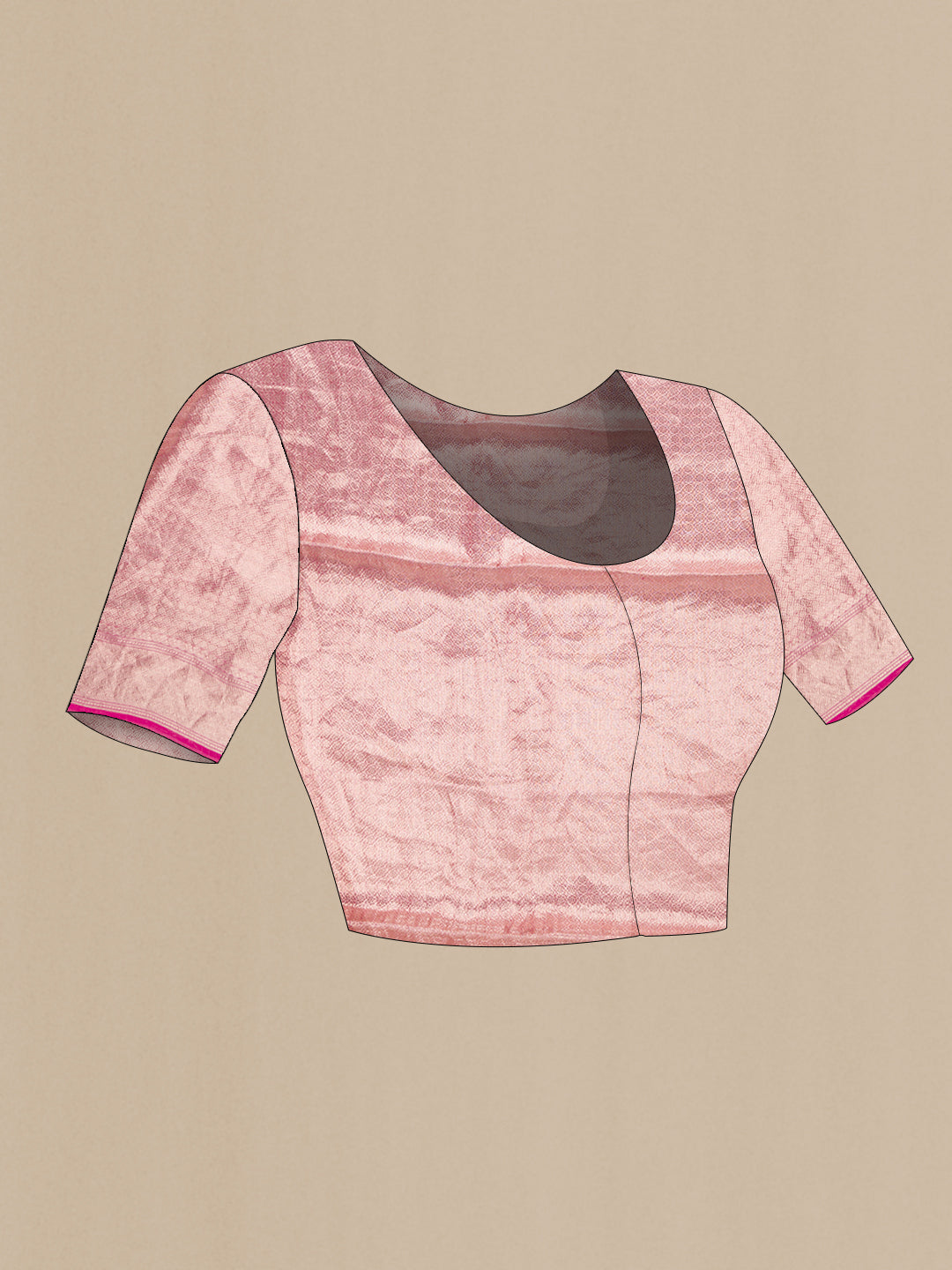 Close up image of the blouse of Pink Dual Tone Organza Silk Saree with Stripes on the body and Zari Border. 