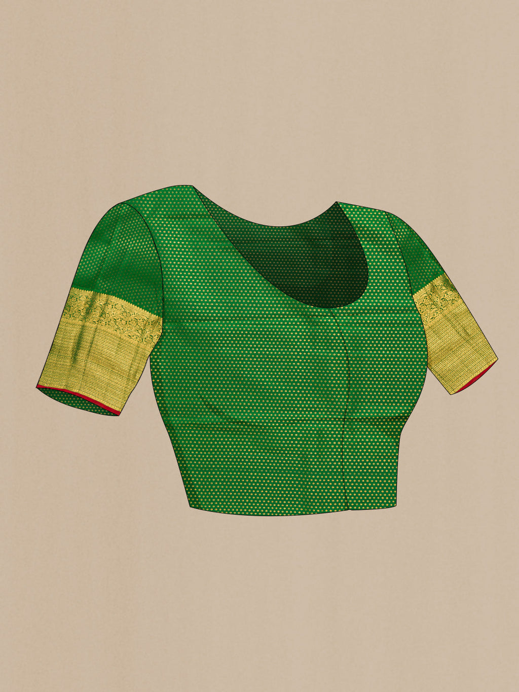 Close up image of the blouse of Peach Dual Tone Kanchipuram Silk Saree with Zari Brocade on the body and Zari Border. 