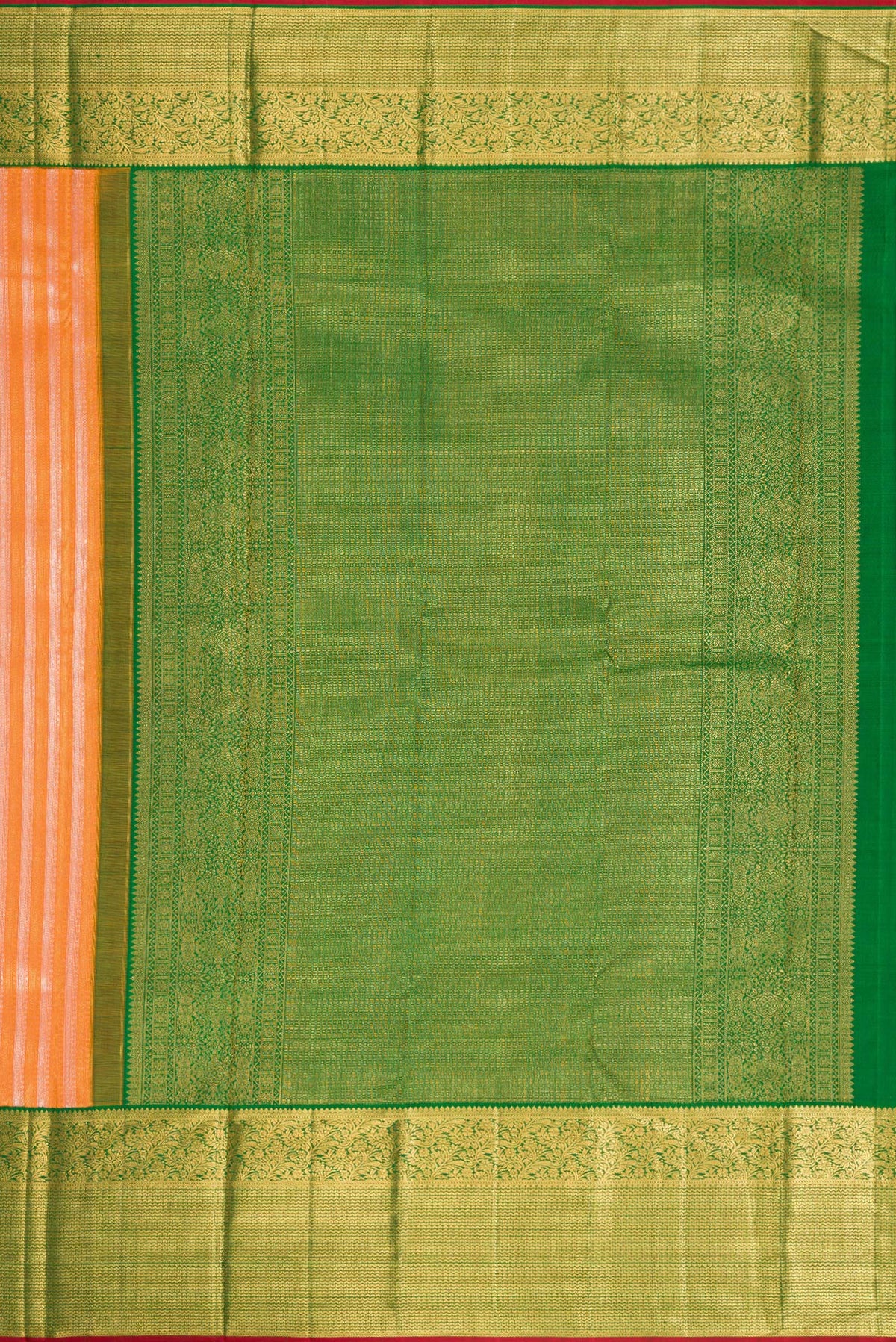 Close up image of the pallu of Peach Dual Tone Kanchipuram Silk Saree with Zari Brocade on the body and Zari Border. 