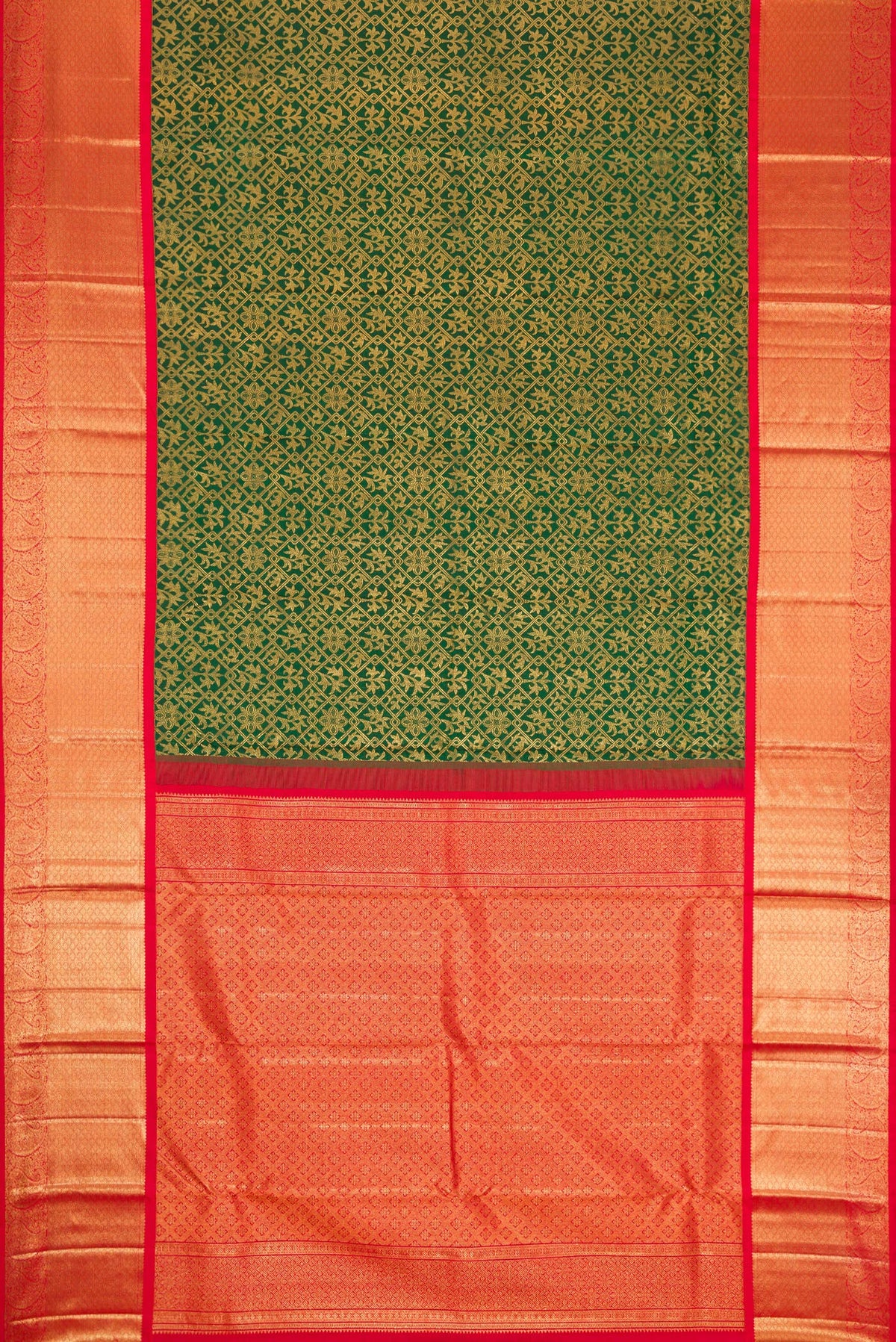 Flat view of Green Dual Tone Kanjivaram Silk Saree with Zari Brocade on the body and Zari Border. 
