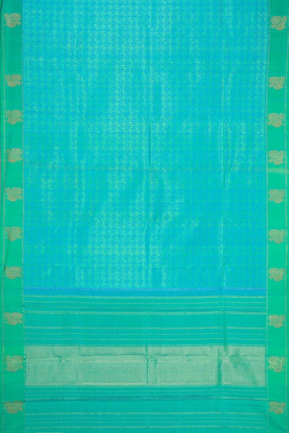 Flat view of Pure Silk Pure Zari Sea Green Dual Tone Kanjivaram Saree with Jacquard design on the body and Fancy Border. 