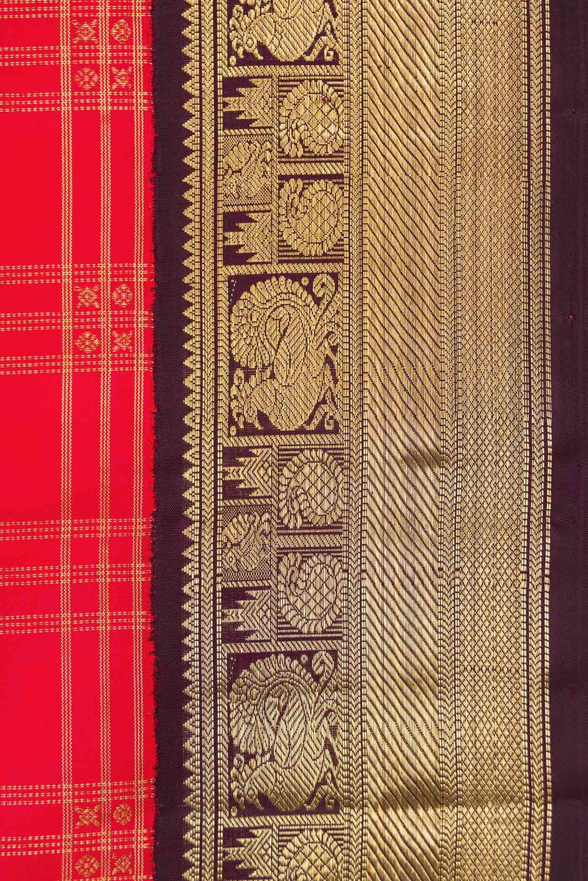 Border image of Red Dual Tone Kanchipuram Silk Saree with Checked design on the body and Zari Border