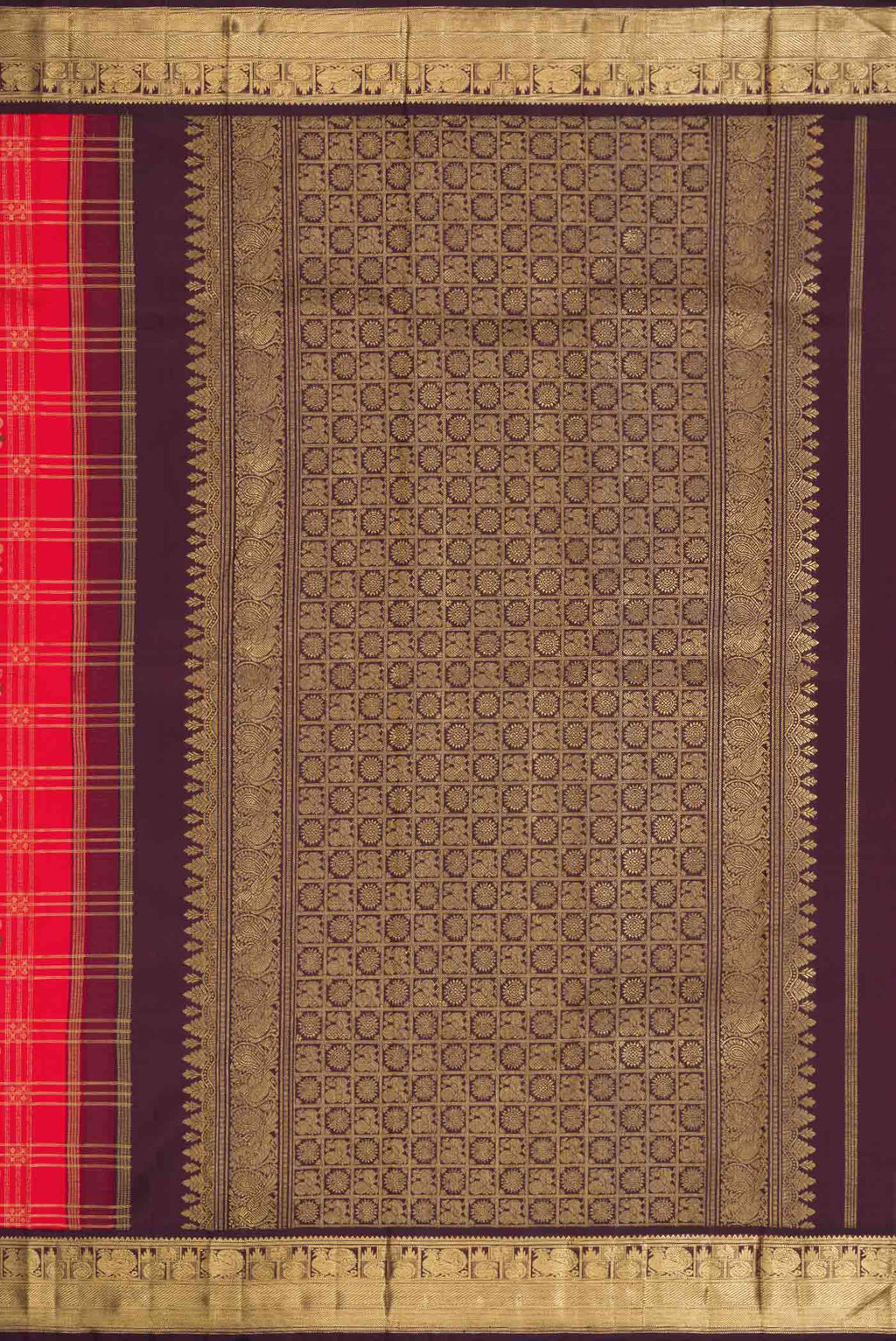 Close up image of the pallu of Red Dual Tone Kanchipuram Silk Saree with Checked design on the body and Zari Border
