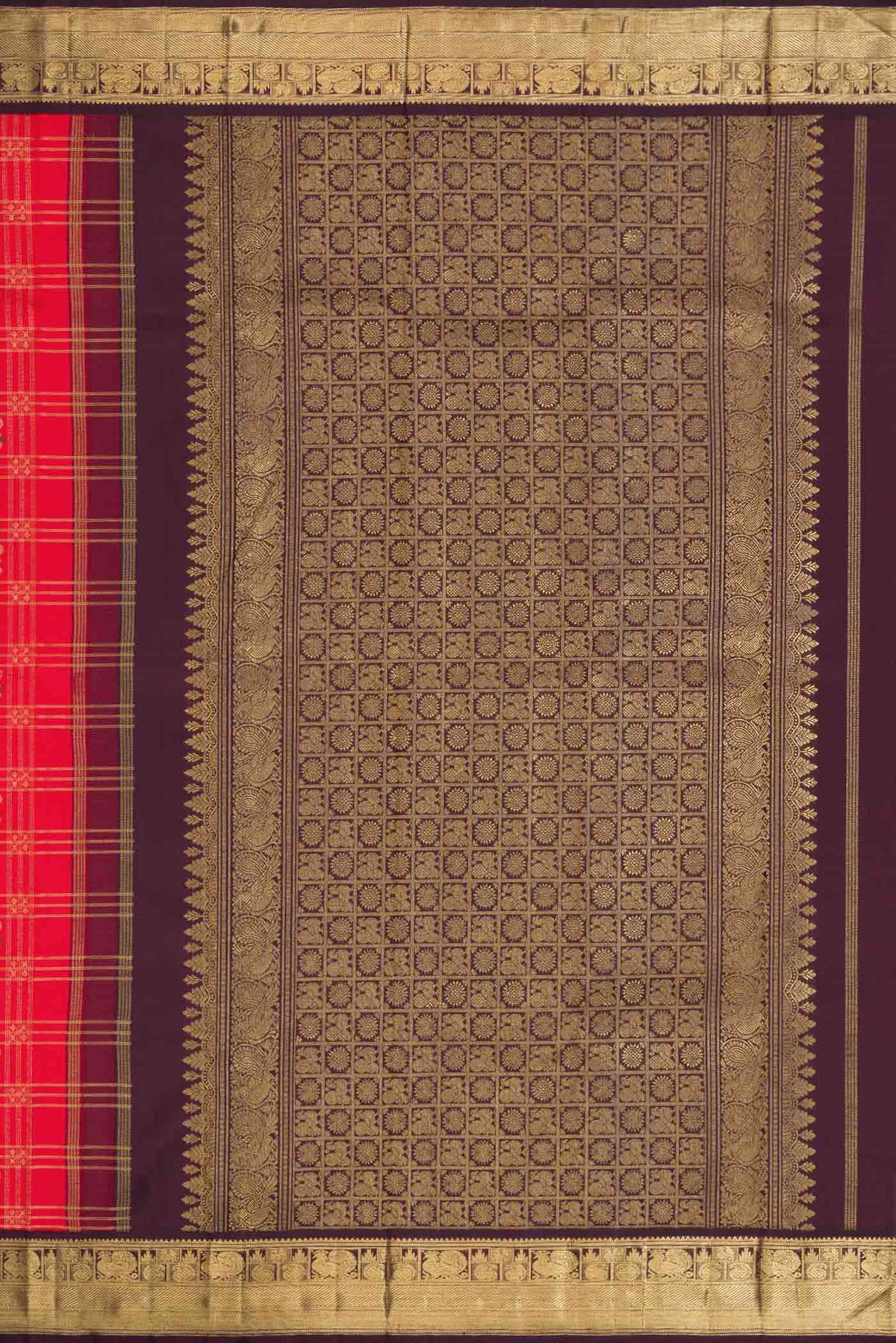 Close up image of the pallu of Red Dual Tone Kanchipuram Silk Saree with Checked design on the body and Zari Border
