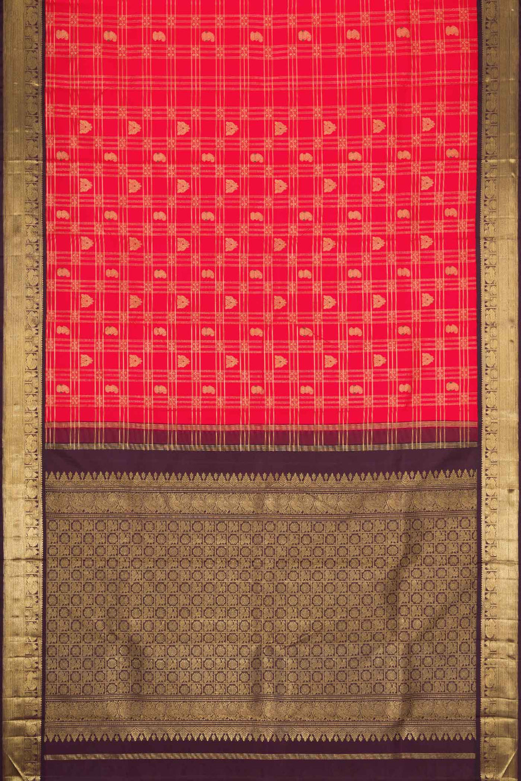 Flat view of Red Dual Tone Kanchipuram Silk Saree with Checked design on the body and Zari Border