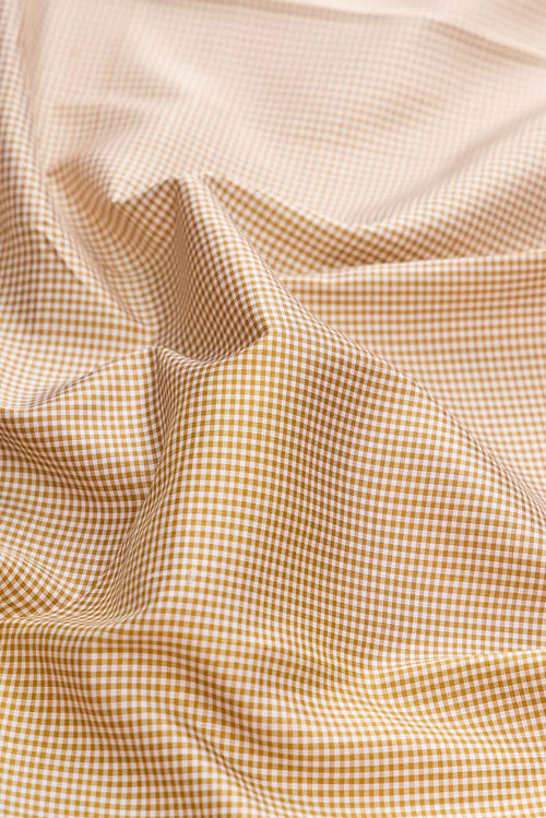 Close up of Beige Dual Tone Kanchipuram Silk Saree with Checked design on the body and Zari Border displaying folds
