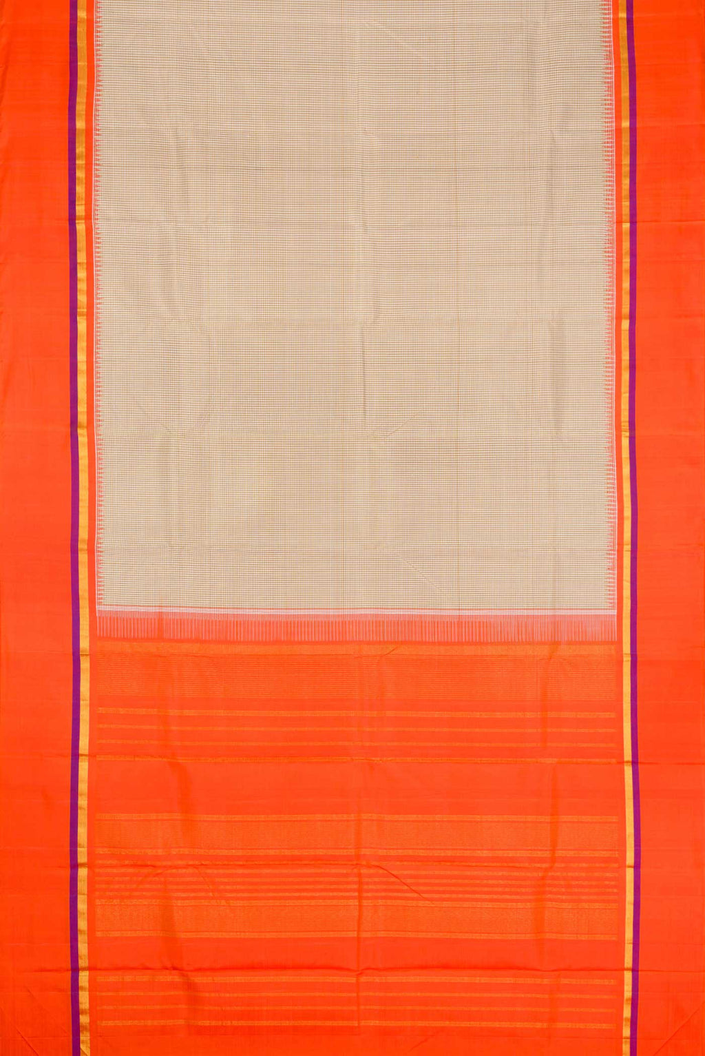 Flat view of Beige Dual Tone Kanchipuram Silk Saree with Checked design on the body and Zari Border