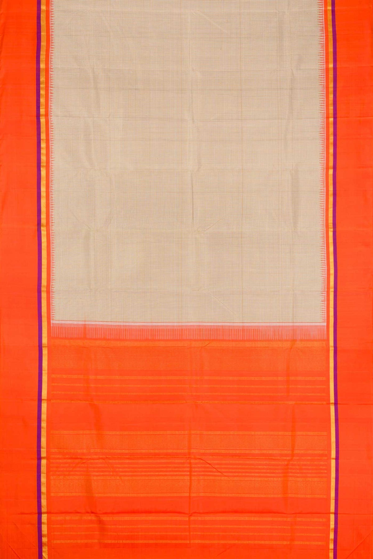 Flat view of Beige Dual Tone Kanchipuram Silk Saree with Checked design on the body and Zari Border