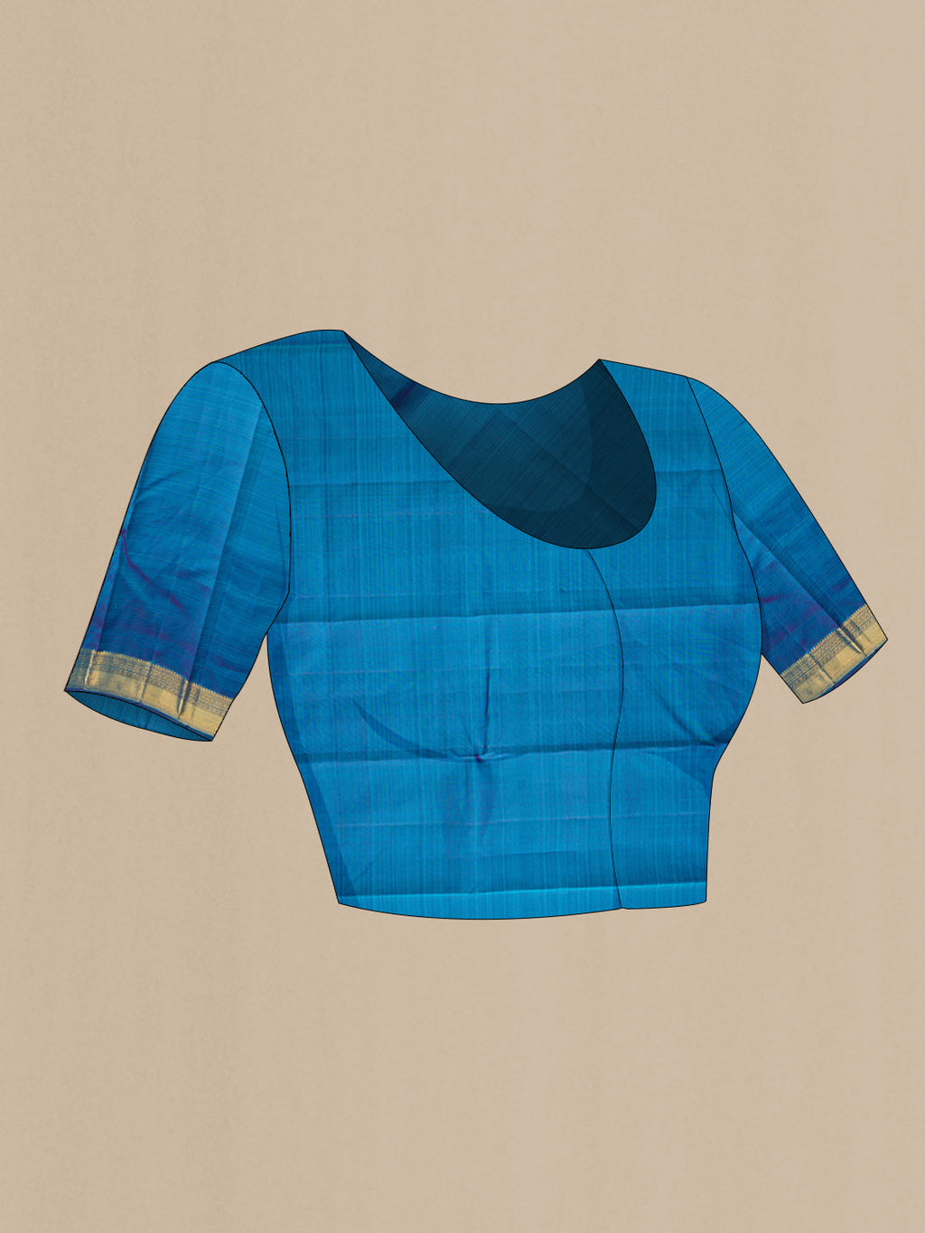Close up image of the blouse of Sky Blue Dual Tone Kanchipuram Silk Saree with Zari Butta on the body and Zari Border