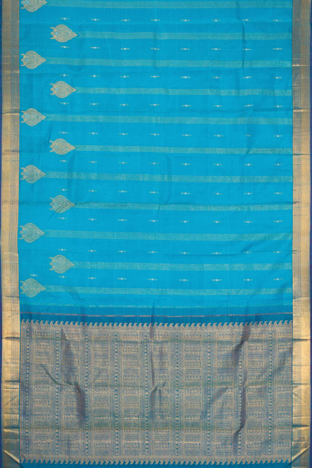 Flat view of Sky Blue Dual Tone Kanchipuram Silk Saree with Zari Butta on the body and Zari Border