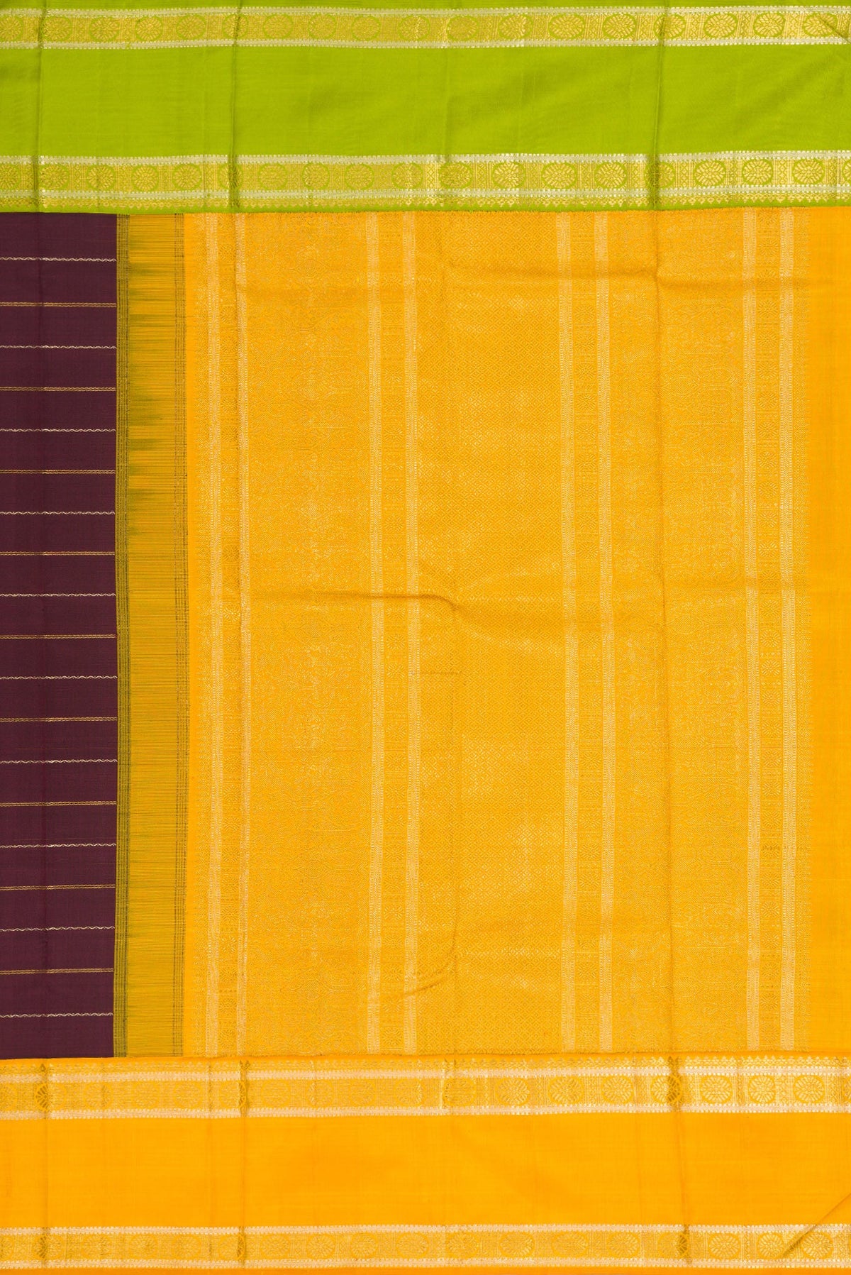 Close up image of the pallu of Coffee Brown Dual Tone Kanchipuram Silk Saree with Stripes on the body and Ganga Jamuna Border. 