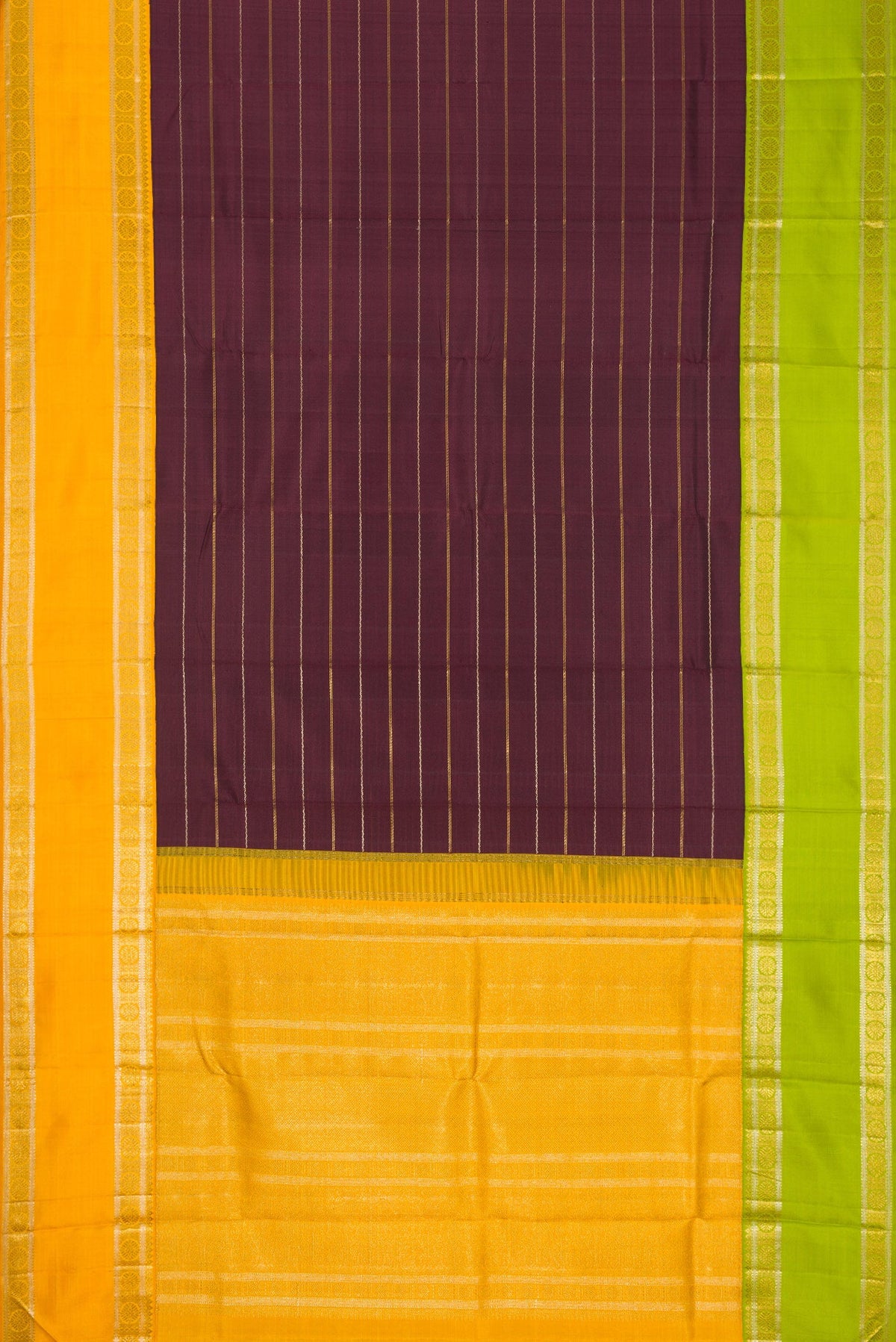Flat view of Coffee Brown Dual Tone Kanchipuram Silk Saree with Stripes on the body and Ganga Jamuna Border. 