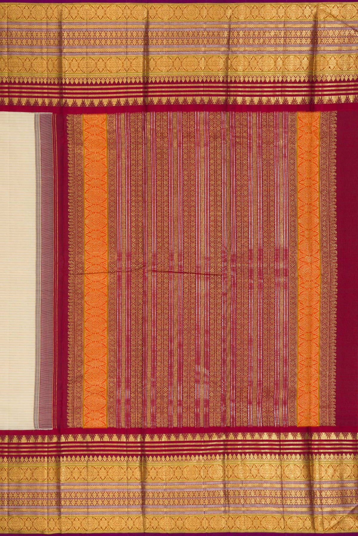 Close up image of the pallu of Sandal Dual Tone Kanchipuram Silk Saree with Zari Butta on the body and Zari Border. 