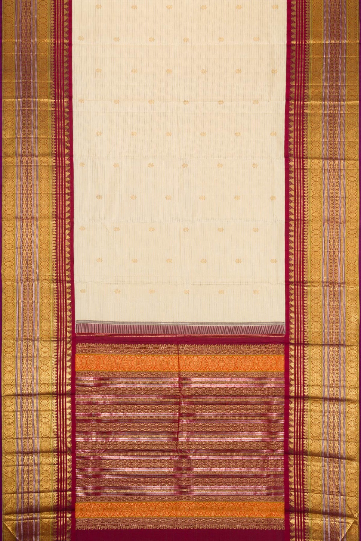 Flat view of Sandal Dual Tone Kanchipuram Silk Saree with Zari Butta on the body and Zari Border. 
