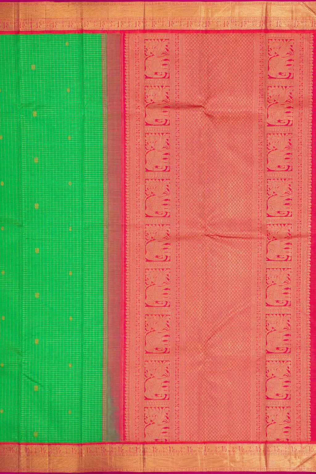 Close up image of the pallu of Parrot Green Dual Tone Kanchipuram Silk Saree with Checked design on the body and Zari Border