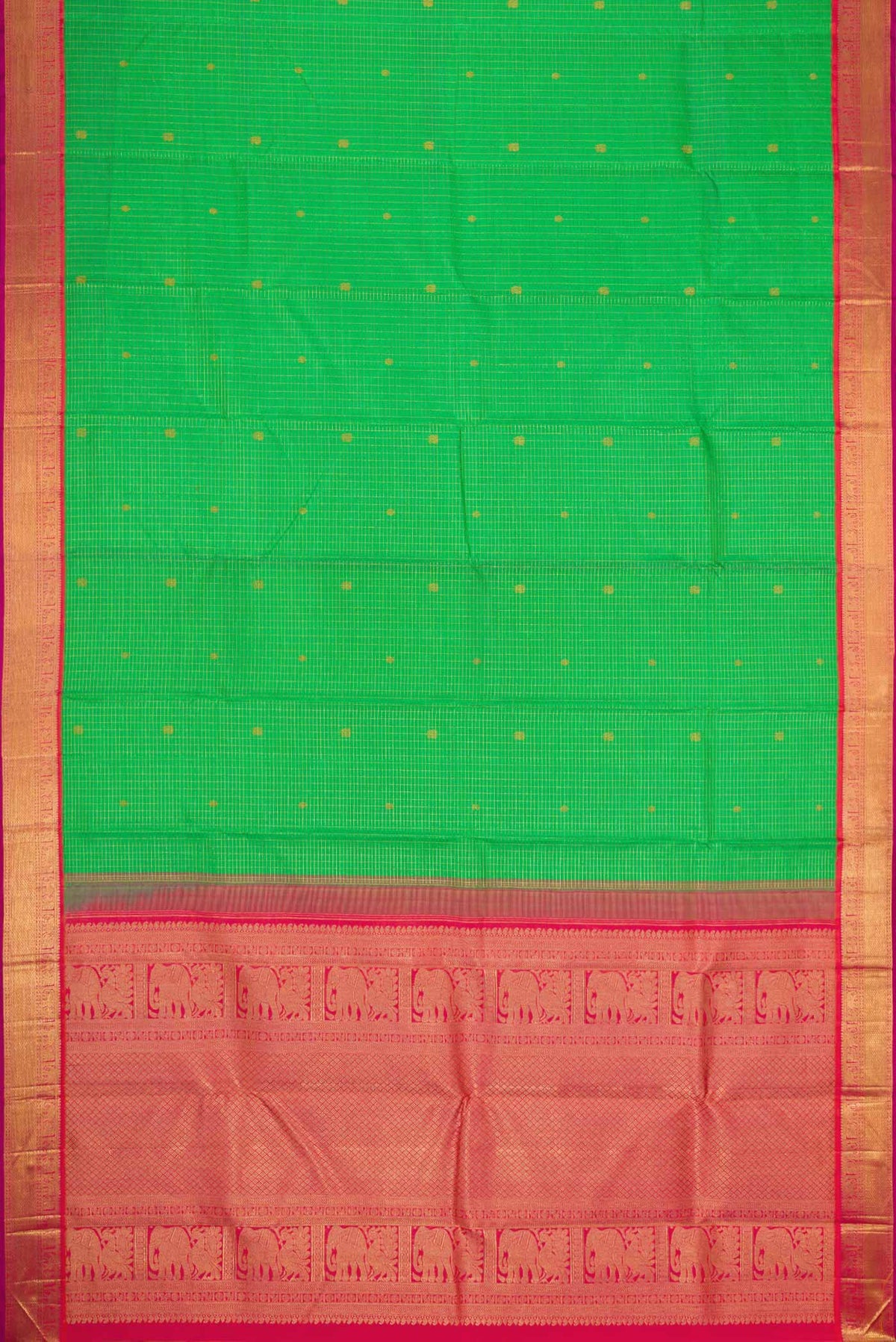 Flat view of Parrot Green Dual Tone Kanchipuram Silk Saree with Checked design on the body and Zari Border
