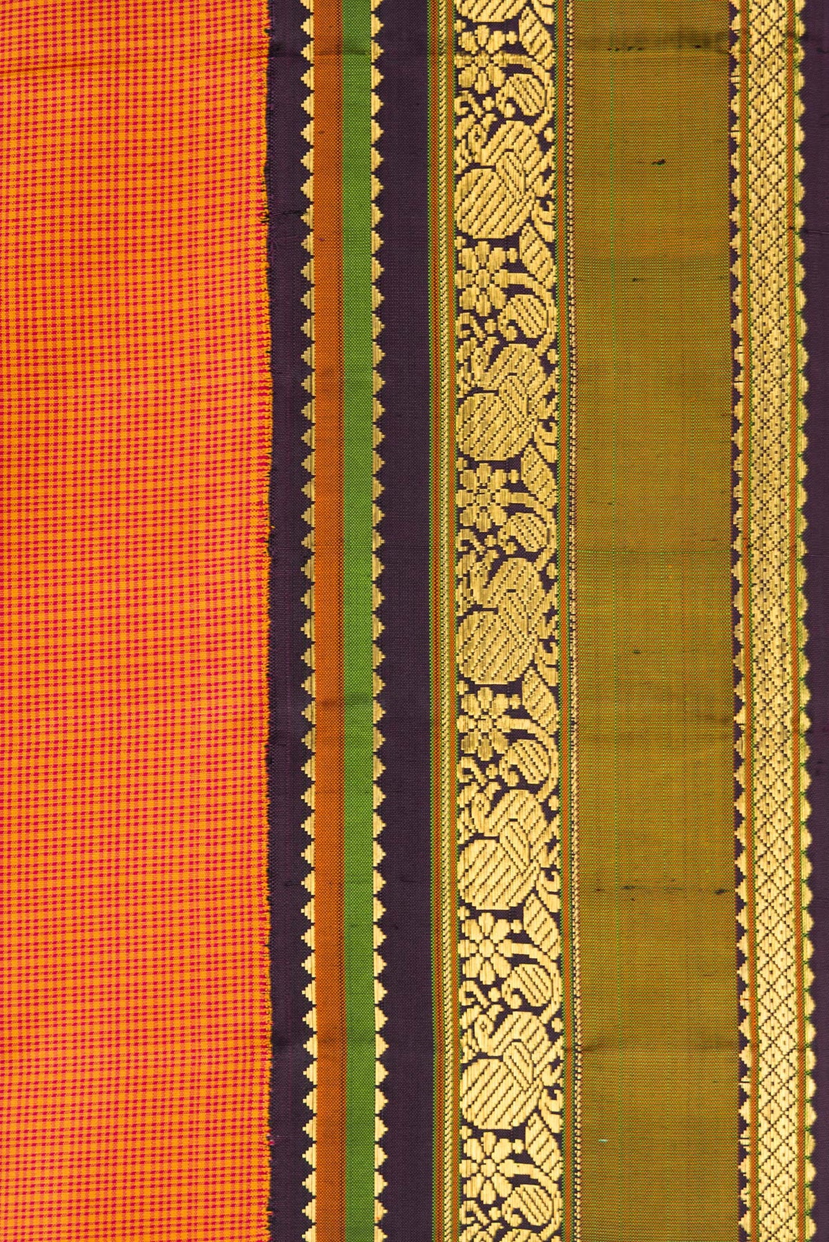 Border image of Mustard Dual Tone Kanjivaram Silk Saree with Checked design on the body and Zari Border. 