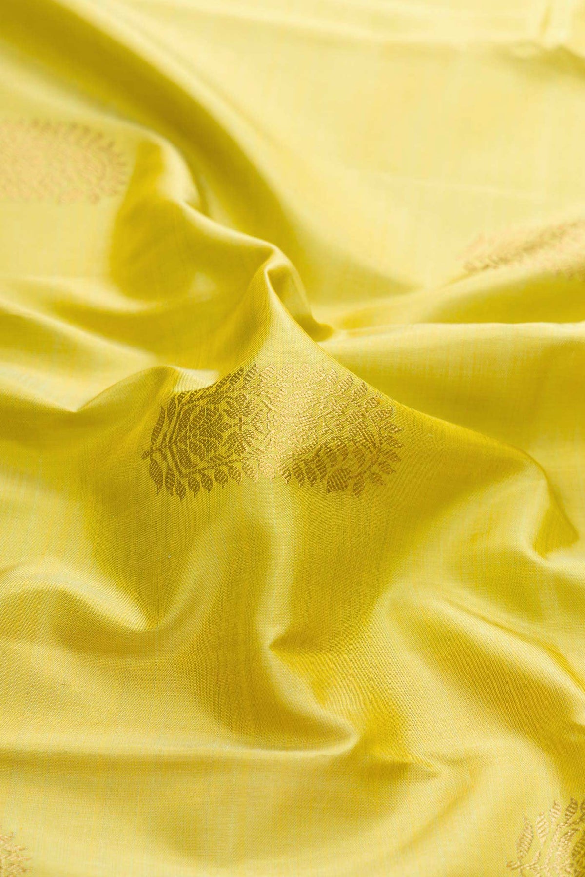 Close up of Pure Silk Pure Zari Lemon Yellow Dual Tone Kanchipuram Saree with Zari Butta on the body and Zari Border displaying folds
