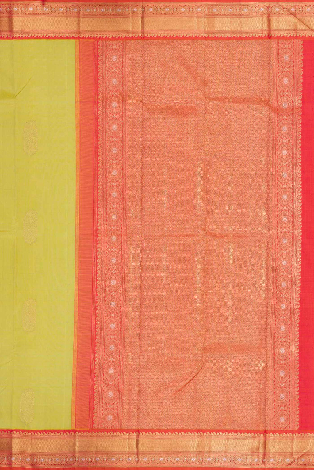 Close up image of the pallu of Pure Silk Pure Zari Lemon Yellow Dual Tone Kanchipuram Saree with Zari Butta on the body and Zari Border