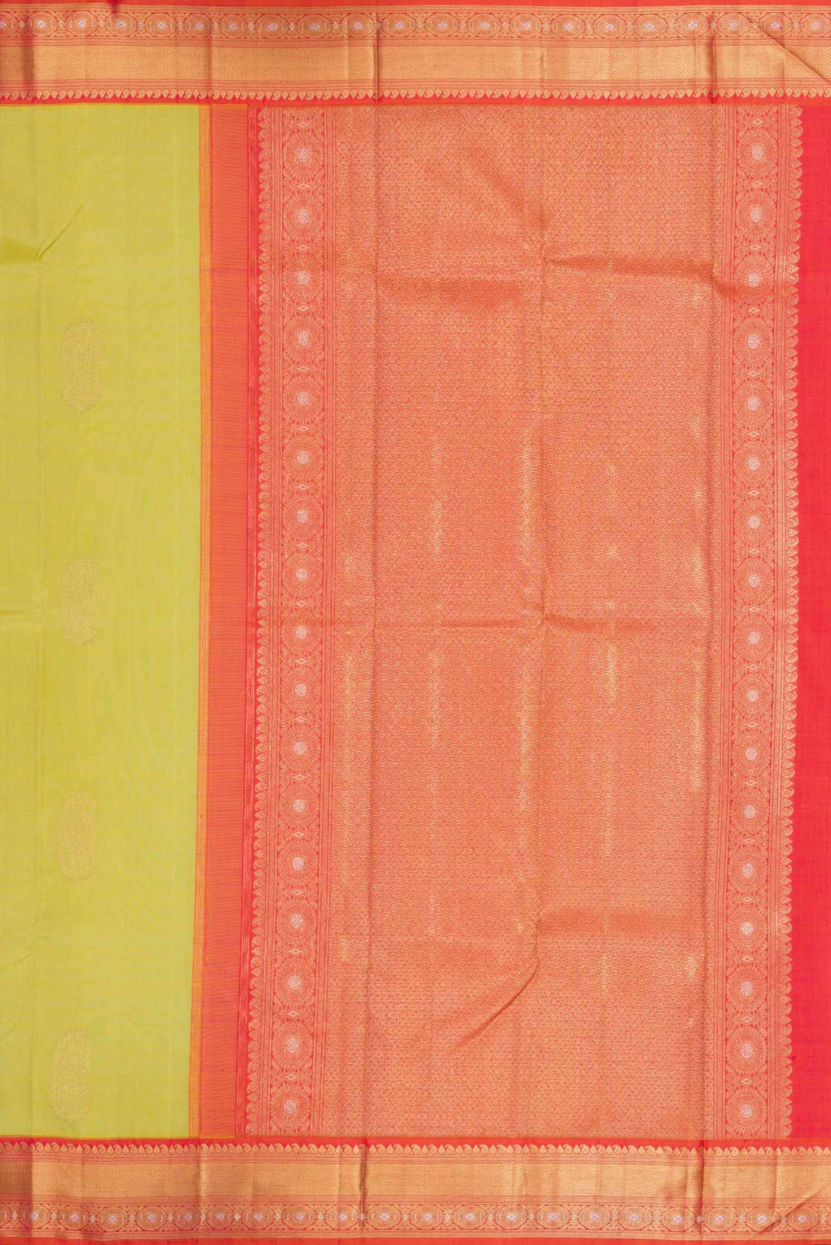 Close up image of the pallu of Pure Silk Pure Zari Lemon Yellow Dual Tone Kanchipuram Saree with Zari Butta on the body and Zari Border