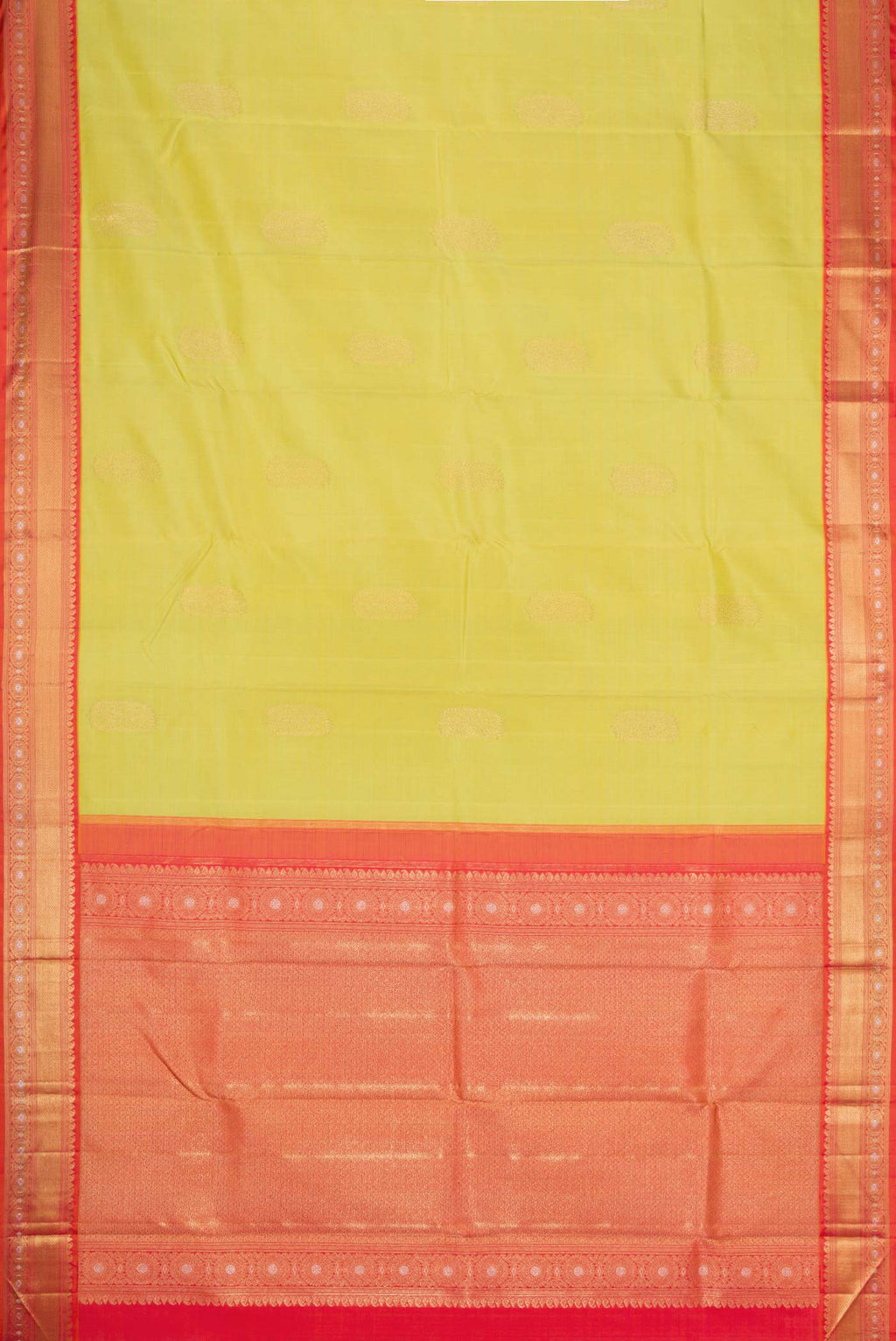 Flat view of Pure Silk Pure Zari Lemon Yellow Dual Tone Kanchipuram Saree with Zari Butta on the body and Zari Border