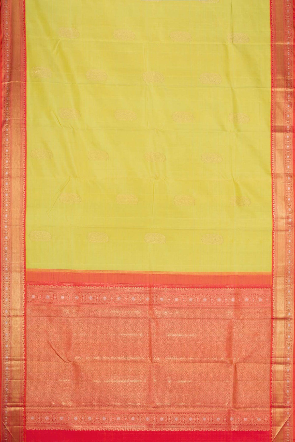 Flat view of Pure Silk Pure Zari Lemon Yellow Dual Tone Kanchipuram Saree with Zari Butta on the body and Zari Border