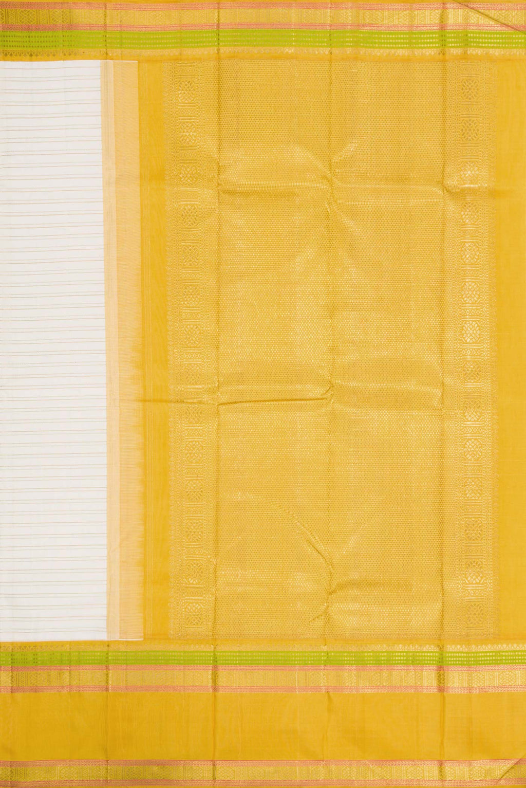 Close up image of the pallu of Pure Silk Pure Zari Off White Dual Tone Kanchipuram Saree with Stripes on the body and Zari Border