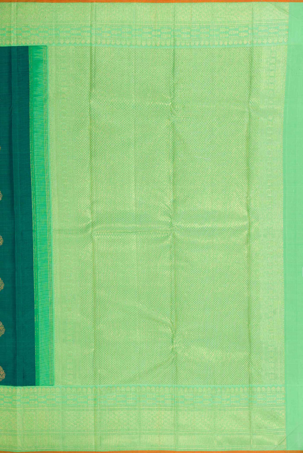 Close up image of the pallu of Pure Silk Pure Zari Green Dual Tone Kanchipuram Saree with Zari Butta on the body and Zari Border