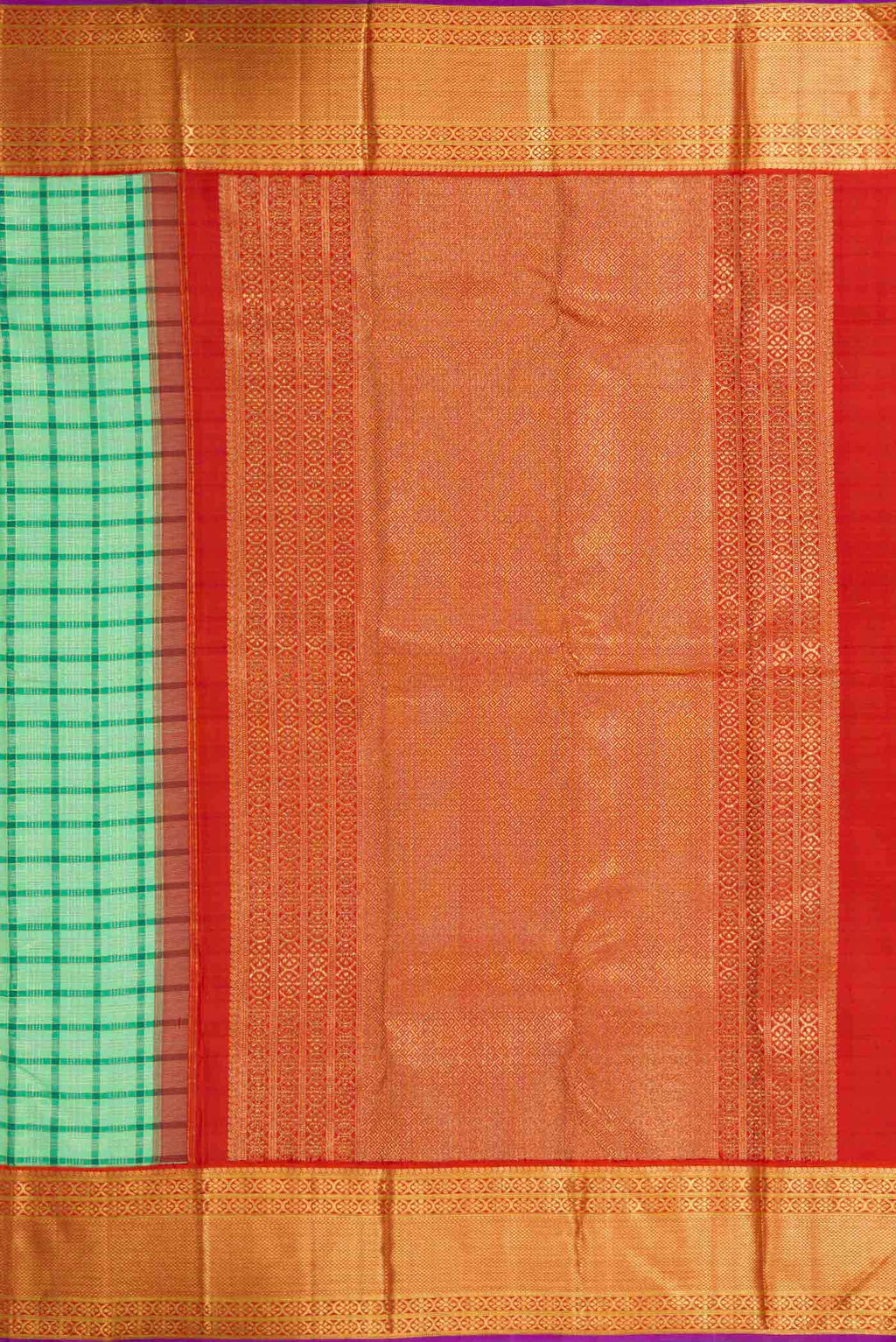Close up image of the pallu of Pure Silk Pure Zari Sea Green Dual Tone Kanchipuram Saree with Checked design on the body and Zari Border
