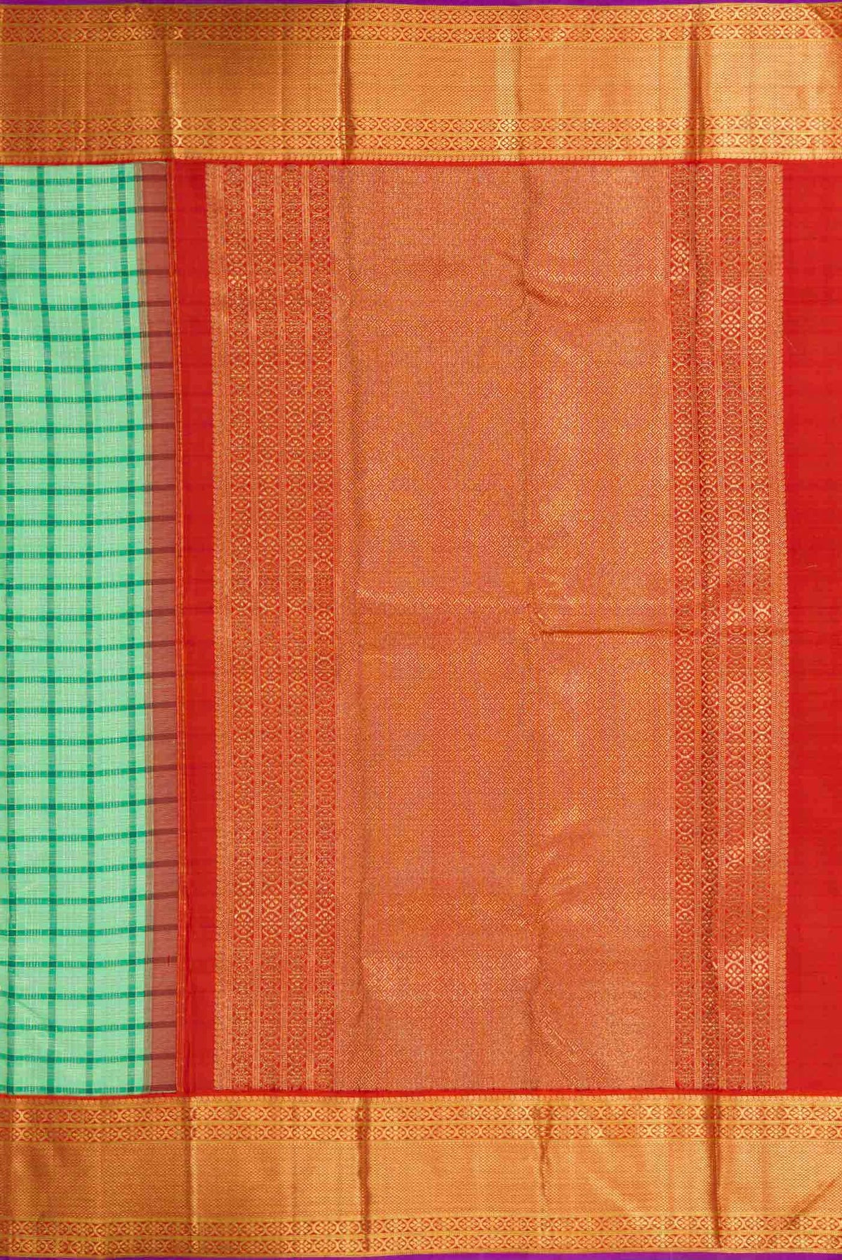 Close up image of the pallu of Pure Silk Pure Zari Sea Green Dual Tone Kanchipuram Saree with Checked design on the body and Zari Border