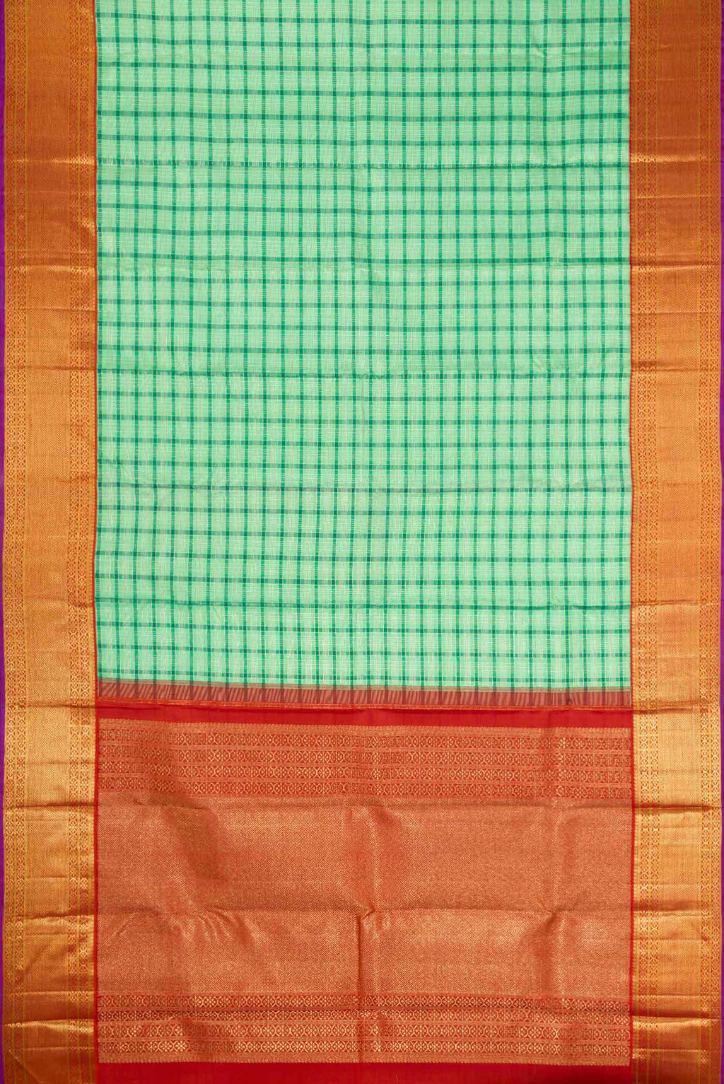 Flat view of Pure Silk Pure Zari Sea Green Dual Tone Kanchipuram Saree with Checked design on the body and Zari Border