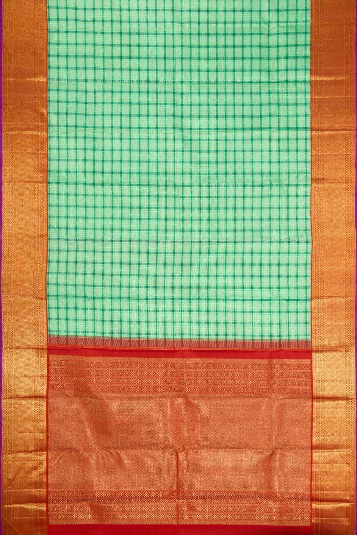 Flat view of Pure Silk Pure Zari Sea Green Dual Tone Kanchipuram Saree with Checked design on the body and Zari Border