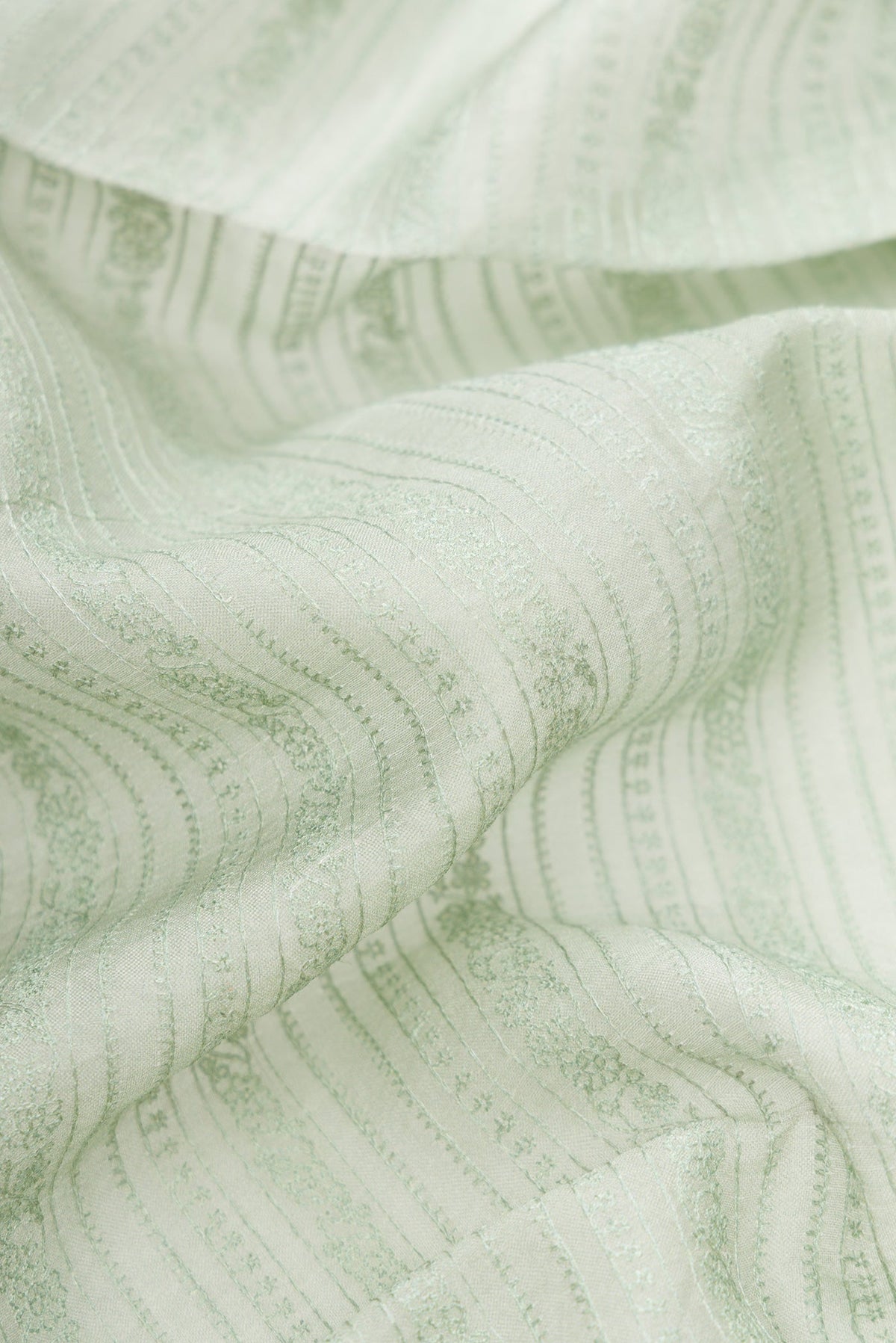 Close up of Pista Green Dual Tone Organza Silk Saree with Embroidery on the body and Embroidery Border.  displaying folds