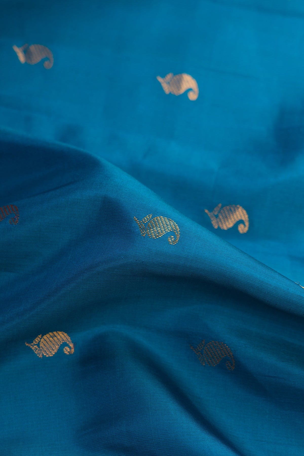 Close up of Peacock Blue Dual Tone Gadwal Silk Saree with Zari Butta on the body and Zari Border.  displaying folds