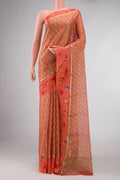 Peach Dual Tone Mysore Georgette Saree with Zari Brocade on the body and Zari Border displayed on a mannequin