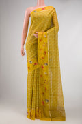Mehandi Green Dual Tone Mysore Georgette Saree with Printed design on the body and Fancy Border displayed on a mannequin