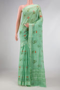 Green Dual Tone Mysore Georgette Saree with Printed design on the body and Zari Border displayed on a mannequin