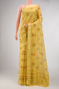 Mustard Dual Tone Mysore Georgette Saree with Printed design on the body and Zari Border displayed on a mannequin