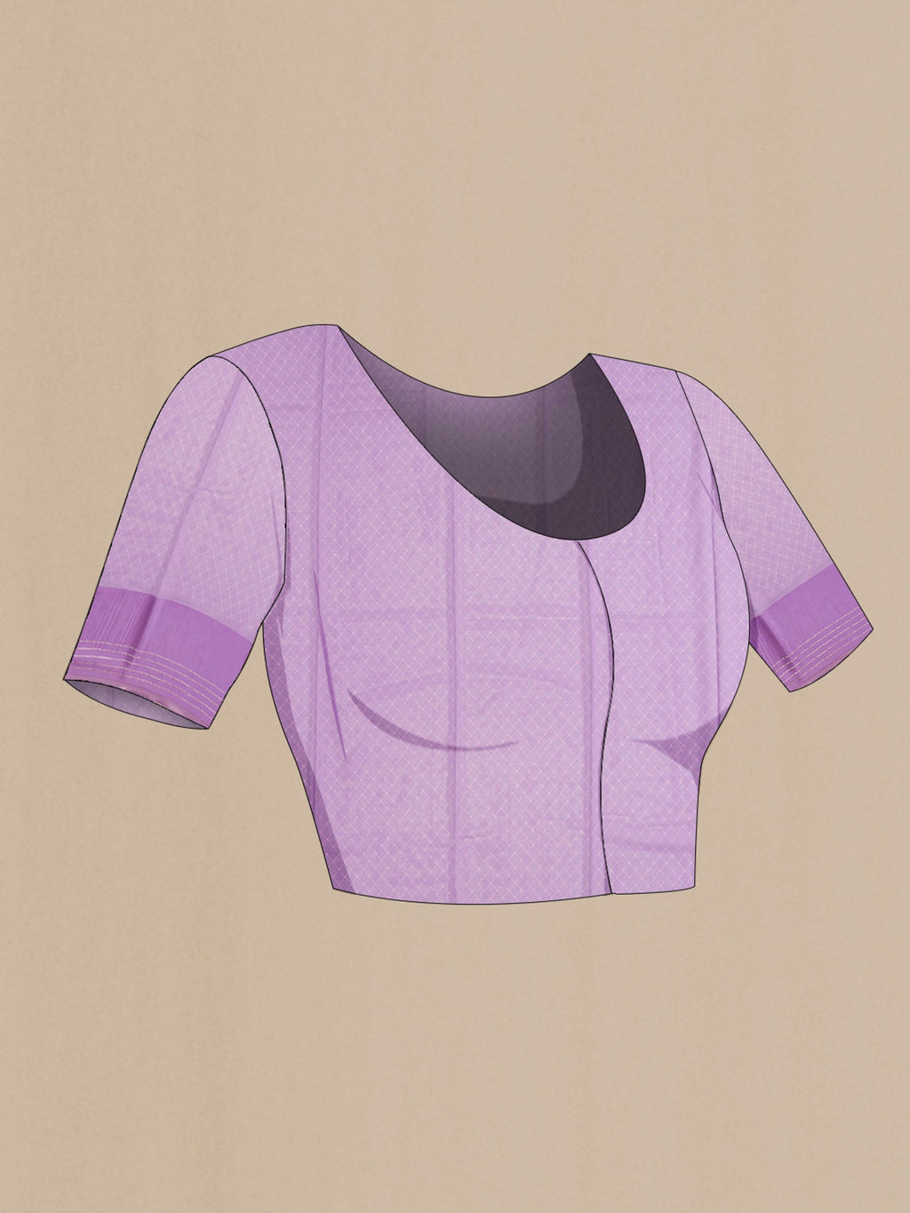 Close up image of the blouse of Lavender Georgette Saree Printed design on the body and Zari Border
