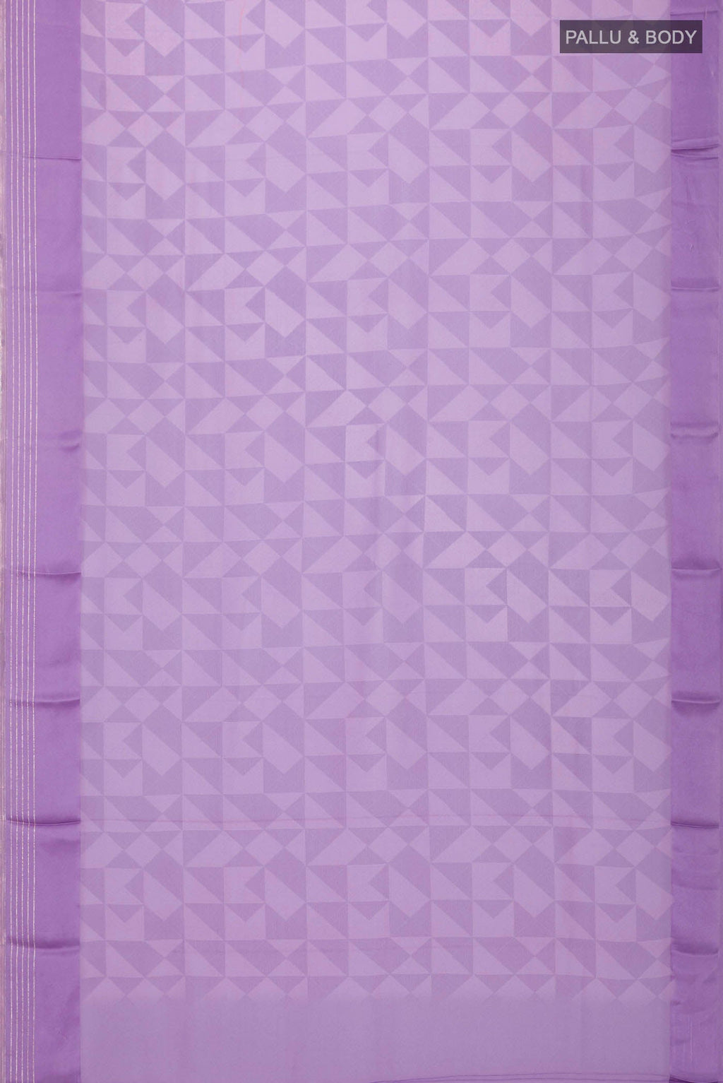 Flat view of Lavender Georgette Saree Printed design on the body and Zari Border