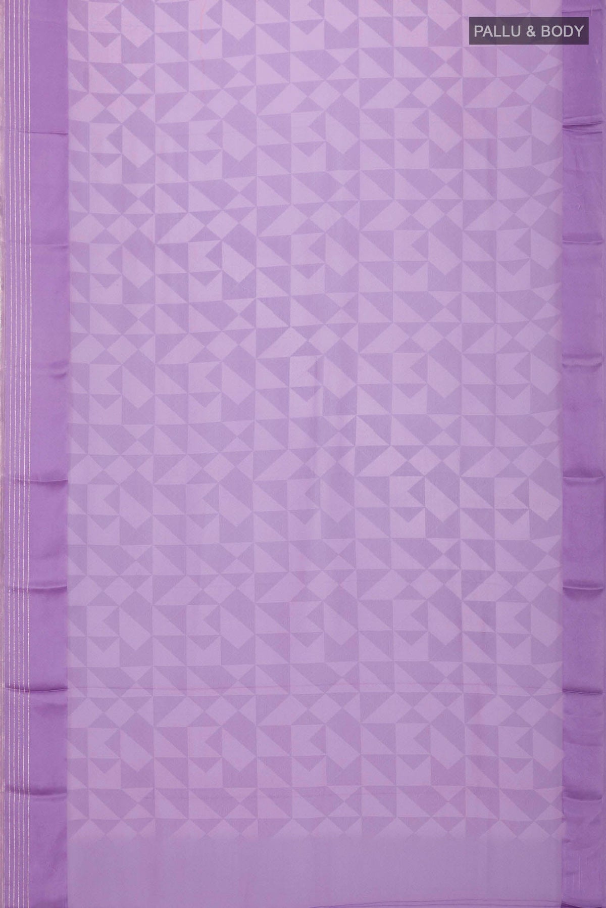 Flat view of Lavender Georgette Saree Printed design on the body and Zari Border