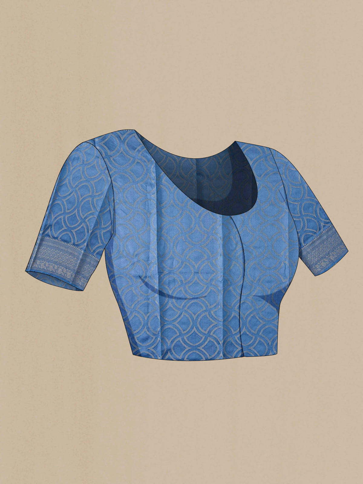 Close up image of the blouse of Blue Crepe Saree Printed design on the body and Zari Border