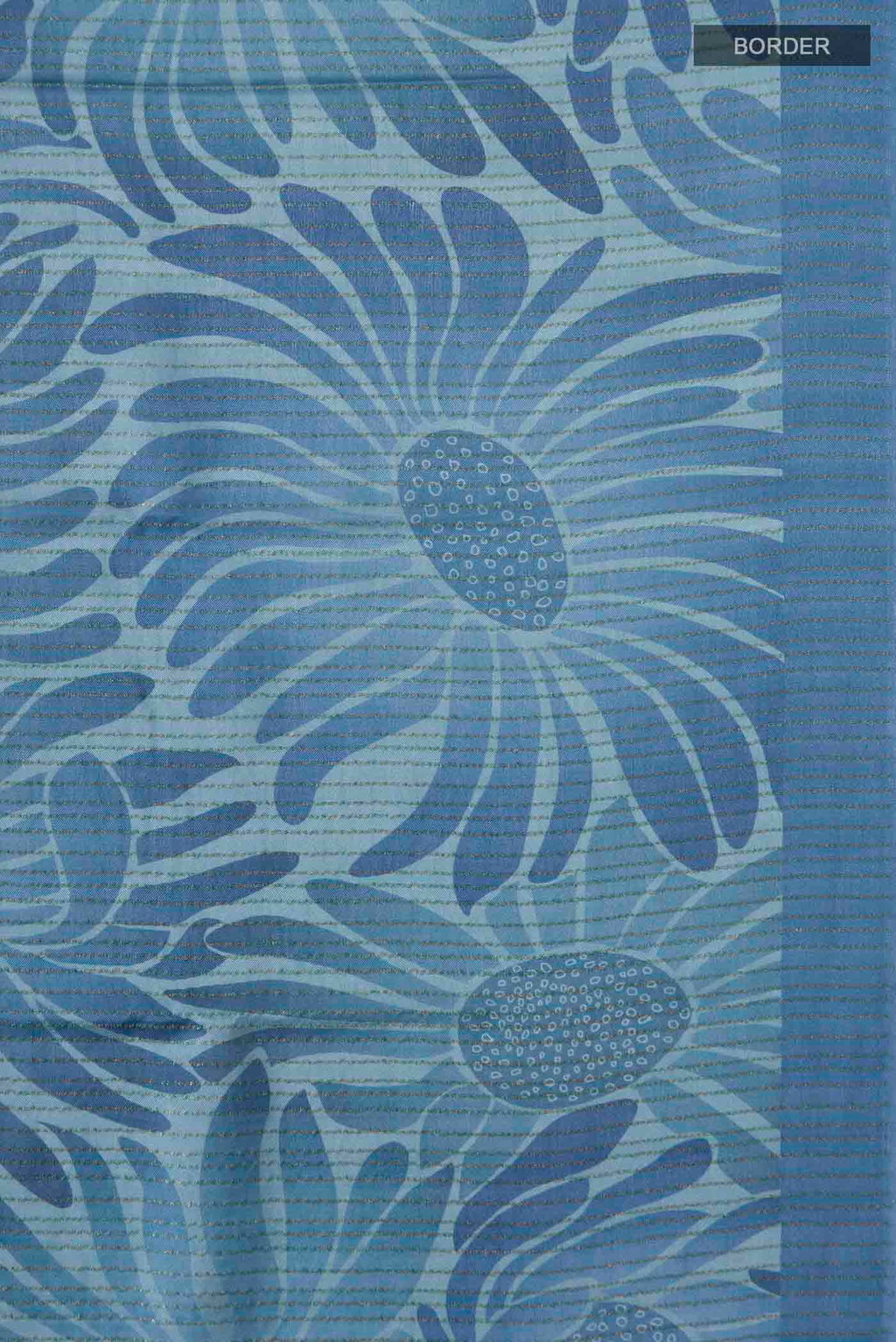 Border image of Blue Crepe Saree Printed design on the body and Zari Border
