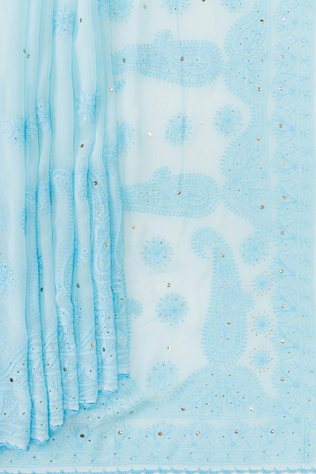 Pleats and pallu of Sky Blue Dual Tone Georgette Saree with Embroidery on the body and Embroidery Border. 